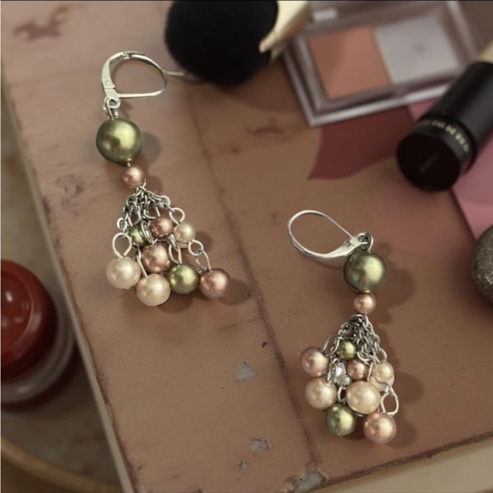 One-of-a-kind Handmade green & pink pearl drop dangle hook earrings